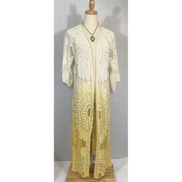 Rebellion Sweaters - Rebellion Again Crochet Lace Ombré Kimono Duster Cardigan Boho Hippie Retro M